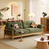 Japandi style solid ash wood sofa upholstered in cotton linen, corduroy, and cat-scratch fabric